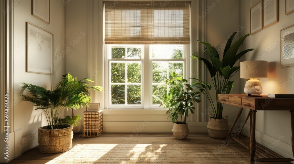 Fototapeta premium A room with a window and a desk. The room is very clean and has a lot of plants
