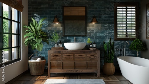 A bathroom with a sink, a bathtub, and a potted plant. The bathroom is decorated with a blue tile wall and a wooden vanity