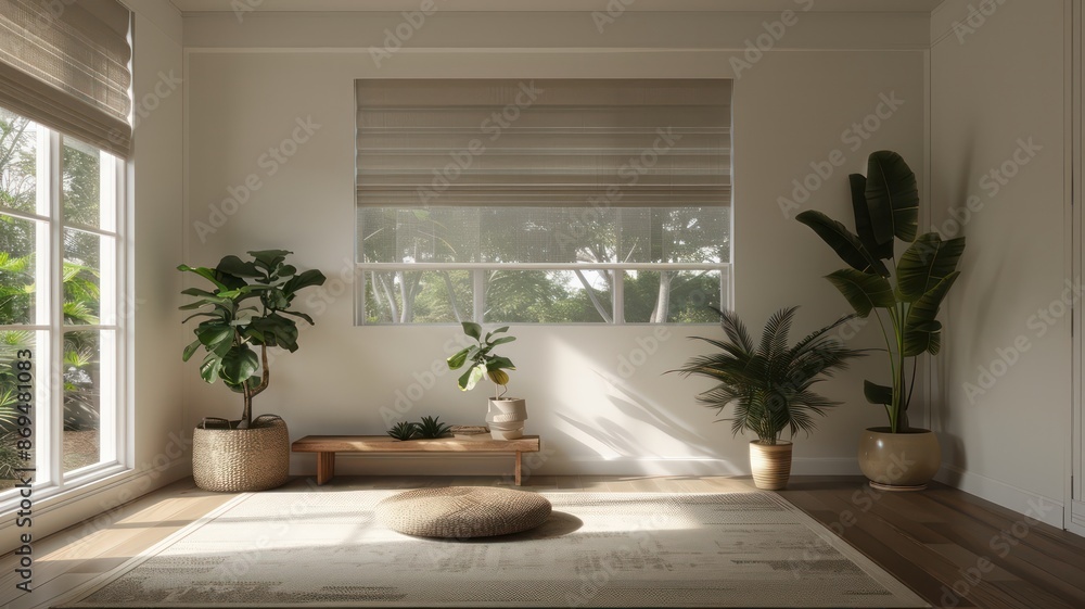 Fototapeta premium A room with a white wall and a wooden floor. There are two potted plants, one on the left and one on the right. A bench is in the middle of the room. The room has a minimalist design and a calm