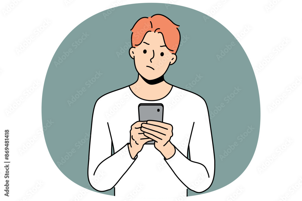 Pensive man with phone received warning text message with threat or bad news about storm warning. Confused young guy with disbelief reads spam sms in smartphone being skeptical about sender Pensive man with phone received warning text message with threat or bad news about storm warning. Confused young guy with disbelief reads spam sms in smartphone being skeptical about sender