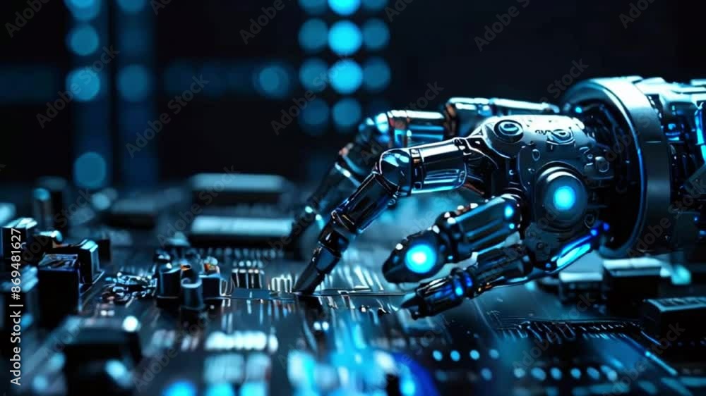 A robotic hand is shown holding a circuit board. The hand and circuit board are glowing blue, and the background is dark. A robotic hand is shown holding a circuit board. The hand and circuit board are glowing blue, and the background is dark.