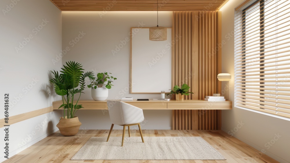 A small office with a desk, chair, and potted plants. The room is clean and organized, with a white wall and wooden accents. The potted plants add a touch of greenery and life to the space A small office with a desk, chair, and potted plants. The room is clean and organized, with a white wall and wooden accents. The potted plants add a touch of greenery and life to the space