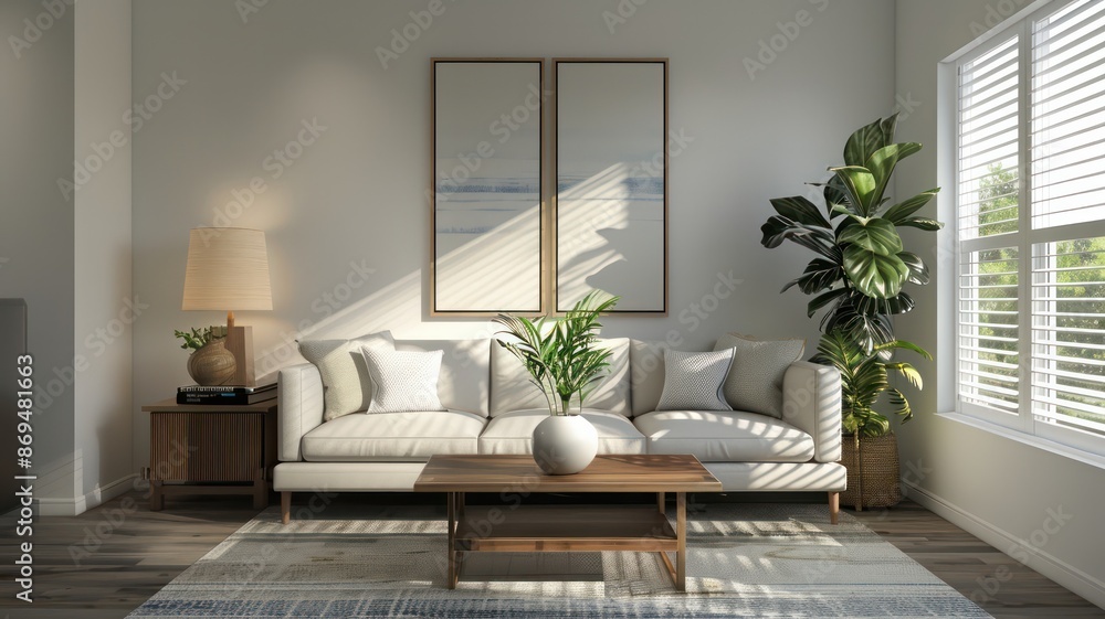 Fototapeta premium A living room with a white couch, a coffee table, and a potted plant. The room is well-lit and has a clean, minimalist look