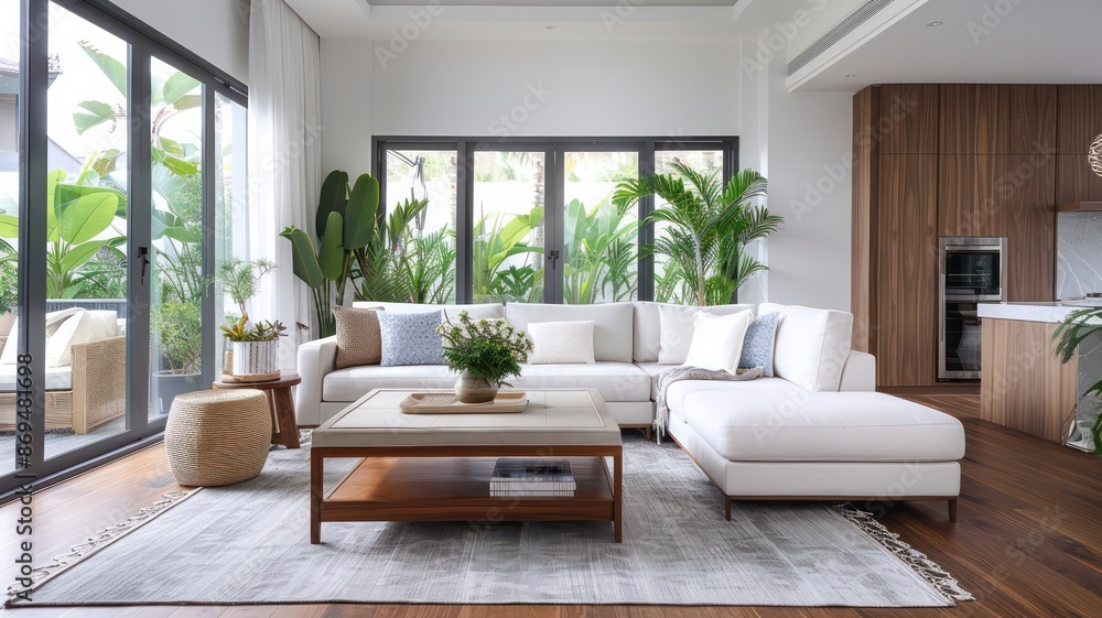 Fototapeta premium A large white sectional sofa is surrounded by a coffee table and a rug. The living room is filled with potted plants and has a modern, clean look