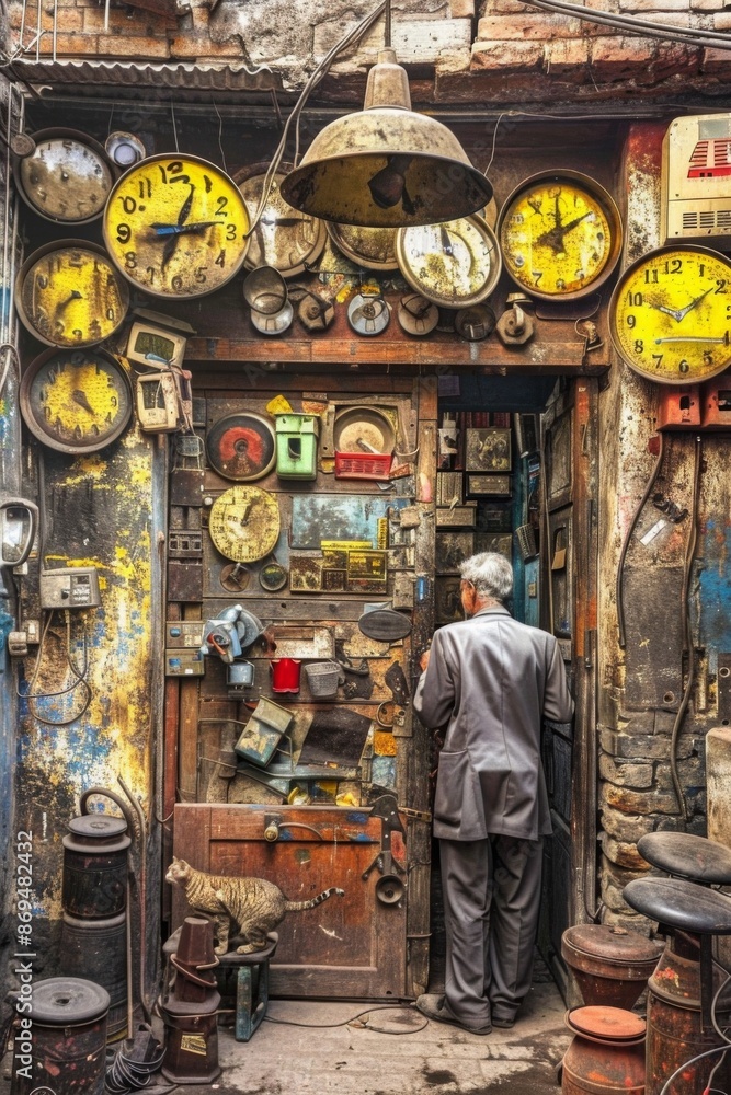 Obraz premium A man stands in front of a door with a lot of clocks on it. The clocks are all different sizes and colors, and some of them are broken
