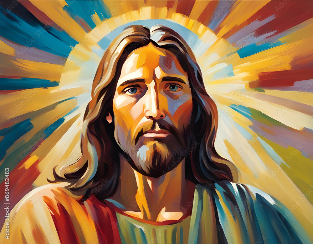 A portrait of Jesus Christ with a solemn expression, painted in a textured, colorful style. Sun rays emanating from behind, enhancing the divine and serene atmosphere.
A portrait of Jesus Christ with a solemn expression, painted in a textured, colorful style. Sun rays emanating from behind, enhancing the divine and serene atmosphere.