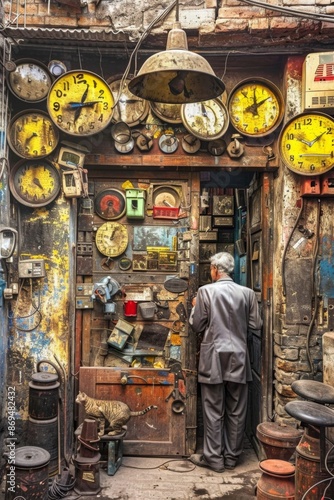 A man stands in front of a door with a lot of clocks on it. The clocks are all different sizes and colors, and some of them are broken