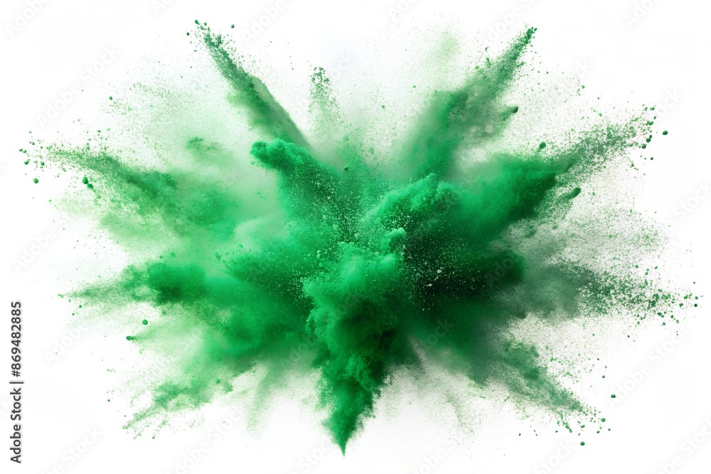 Burst of green chalk particles and dust, showcased against a pure white backdrop Burst of green chalk particles and dust, showcased against a pure white backdrop