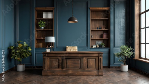 A large wooden desk with a lamp and a potted plant sits in a room with a blue wall © Dumrongkait
