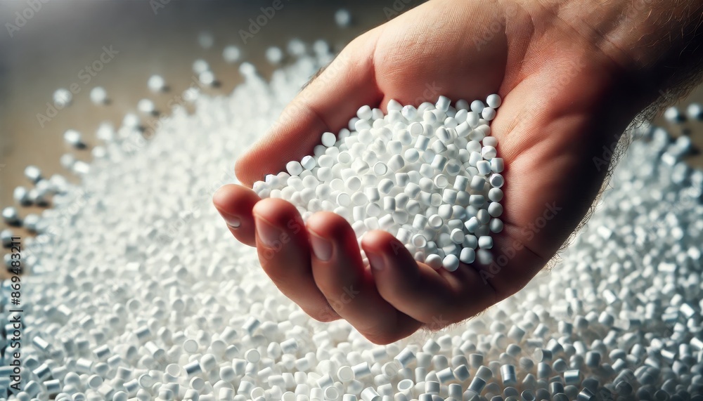 Hand Holding White Plastic Pellets for Manufacturing Hand Holding White Plastic Pellets for Manufacturing