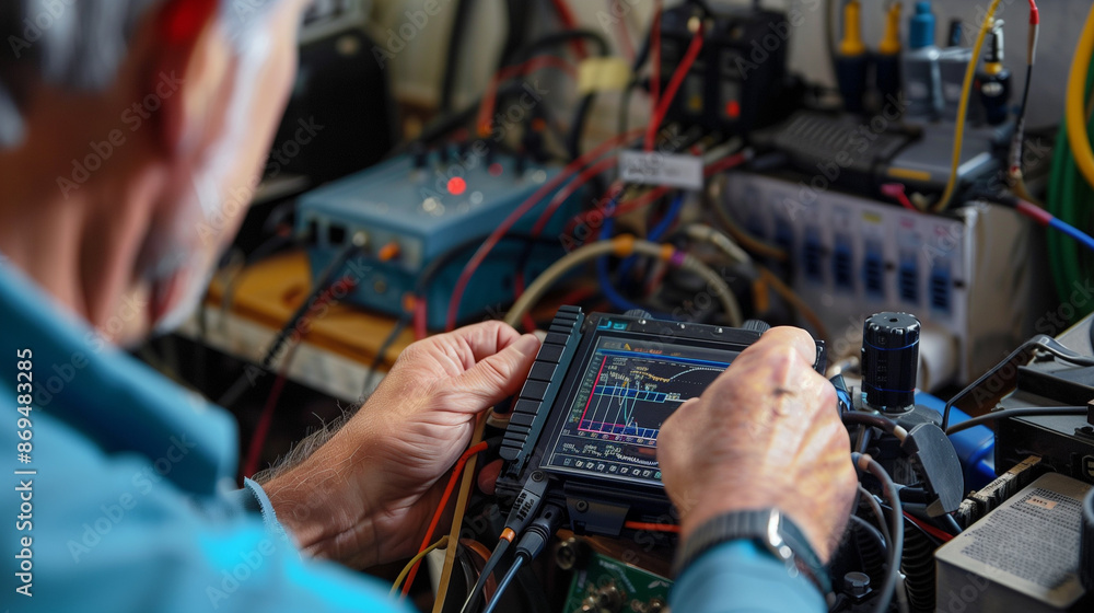 A mechanic analyzes a car's ignition system using a digital oscilloscope, examining precise wave patterns. A mechanic analyzes a car's ignition system using a digital oscilloscope, examining precise wave patterns.