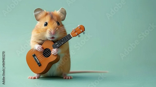 A hamster with a tiny guitar, pastel green background, space above for text