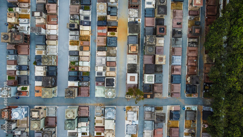 Aerial view of tombs, tombs and coffins in a cemetery photo