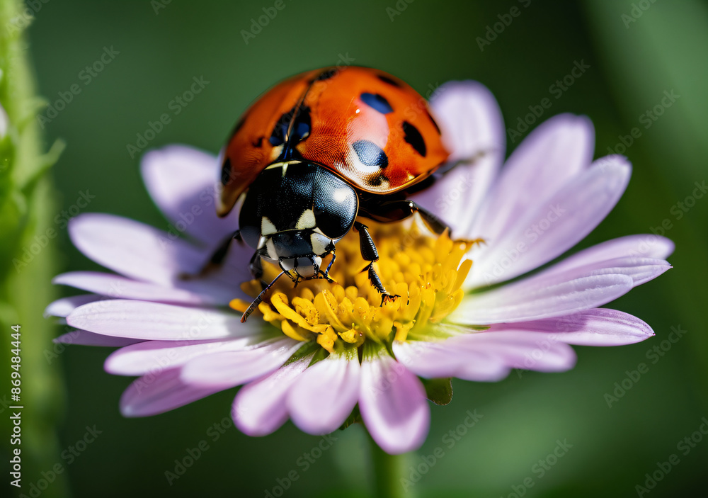 Naklejka premium Ladybug on flower macro closeup. Generative AI.