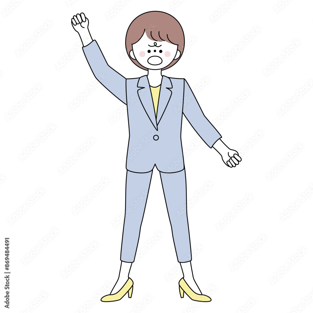 拳を上げて怒っているスーツの女性のイラスト 拳を上げて怒っているスーツの女性のイラスト