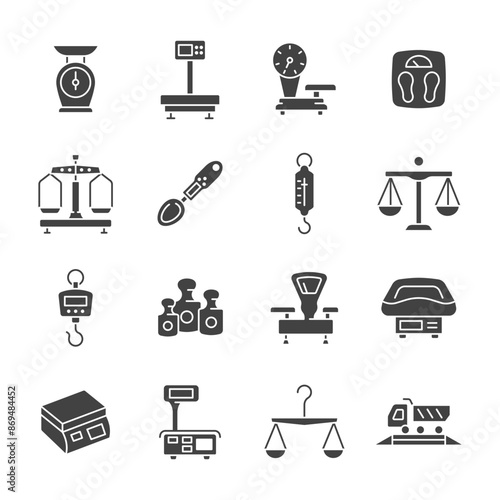 Weight measurement device glyph icon. Vector collection with electronic and mechanical scales, weights, weigher, industrial scales.
