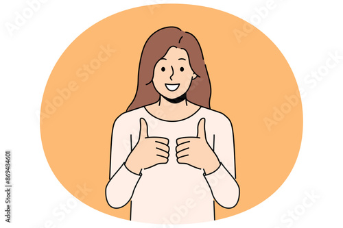 Woman with smile gives two thumbs up in agreement with your proposed course of action. Young girl with smile gives thumbs up approving advertised product or giving high rating to services of tutor