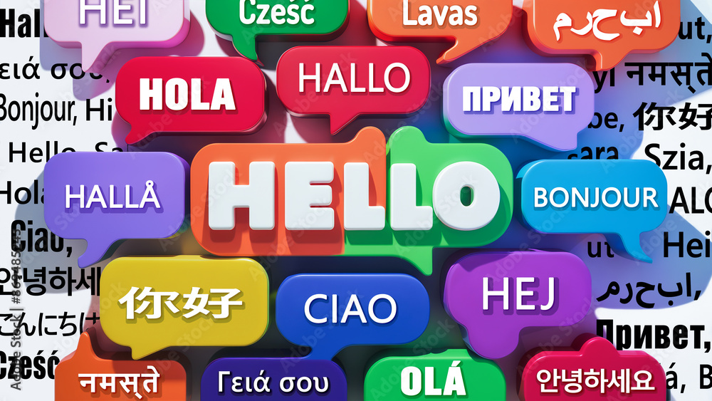 Multi Language Hello Colorful speech bubbles displaying 'Hello' in multiple languages ...