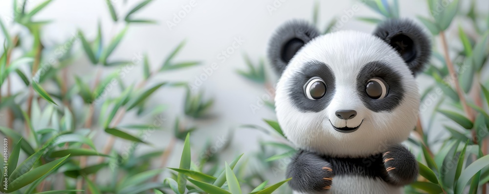 Adorable plasticine panda, 3D model, white background, bamboo detail Adorable plasticine panda, 3D model, white background, bamboo detail