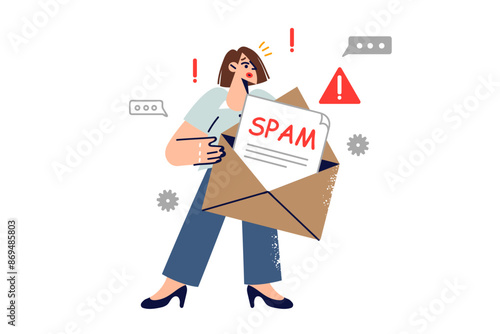Spam letter in hands of woman who received email message containing virus and malware
