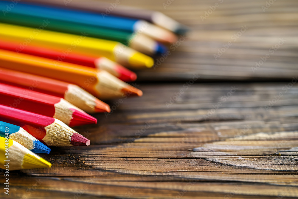 Obraz premium Colorful pencils on the wooden table with copy space