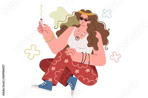 Pacifist woman smokes cannabis, enjoying life and participating in hippie subculture