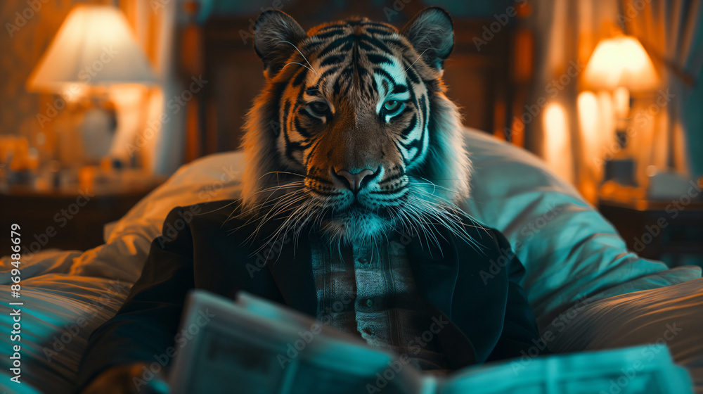 Stylish tiger reading a newspaper in the bedroom Stylish tiger reading a newspaper in the bedroom