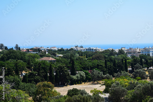 Panorama view on a clear summer day full of sun. Panorama of the island of Rhodes. 