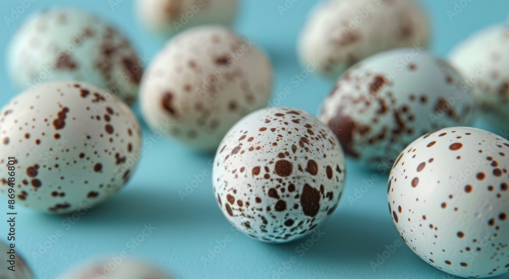 Five Spotted Quail Eggs on Blue Background Five Spotted Quail Eggs on Blue Background