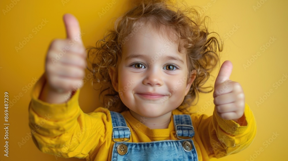 Little girl smiling, happy baby thumbs up looking at camera yellow background Little girl smiling, happy baby thumbs up looking at camera yellow background