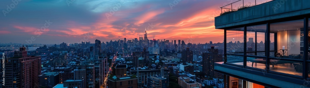 Fototapeta premium Aerial view of a chic urban loft with industrial design, rooftop garden, and panoramic cityscape, twilight, editorial style, edgy photography