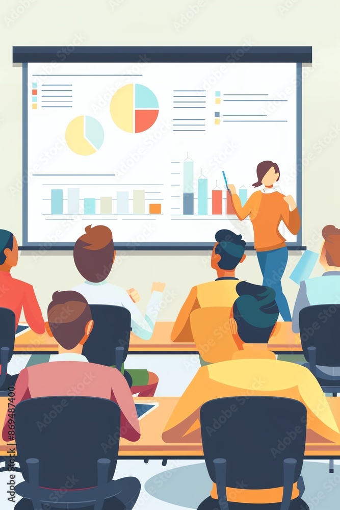 Business meeting, presenting data on whiteboard, flat design illustration Business meeting, presenting data on whiteboard, flat design illustration