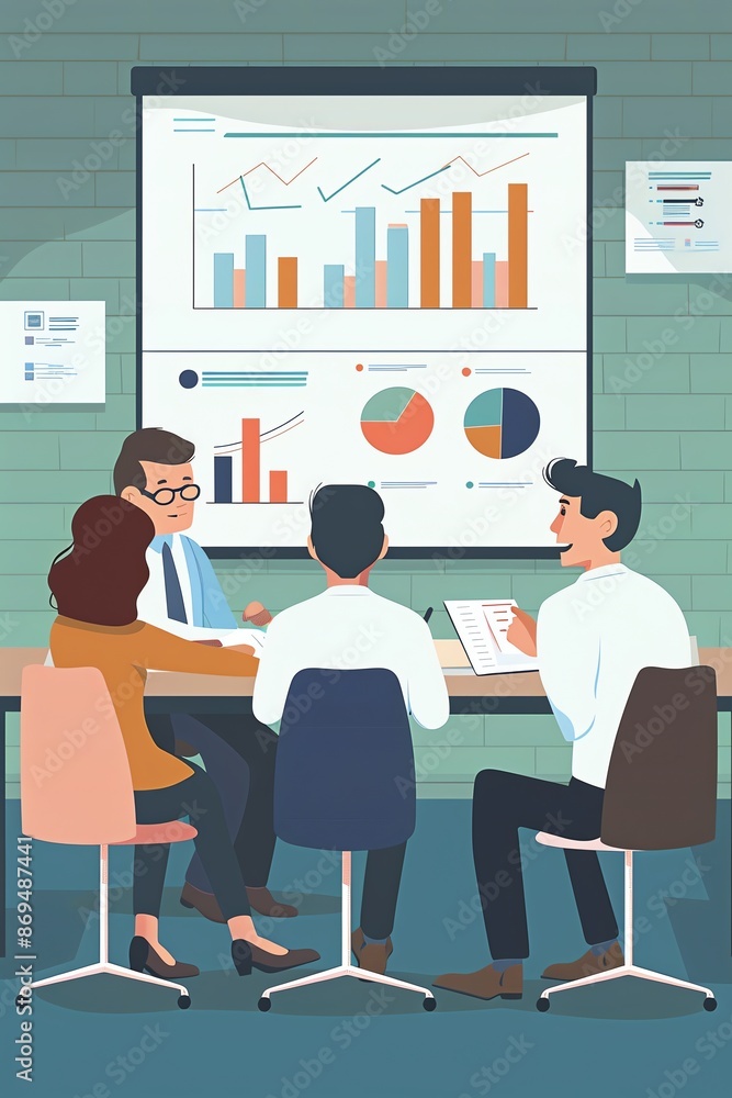 Business meeting, presenting data on whiteboard, flat design illustration Business meeting, presenting data on whiteboard, flat design illustration