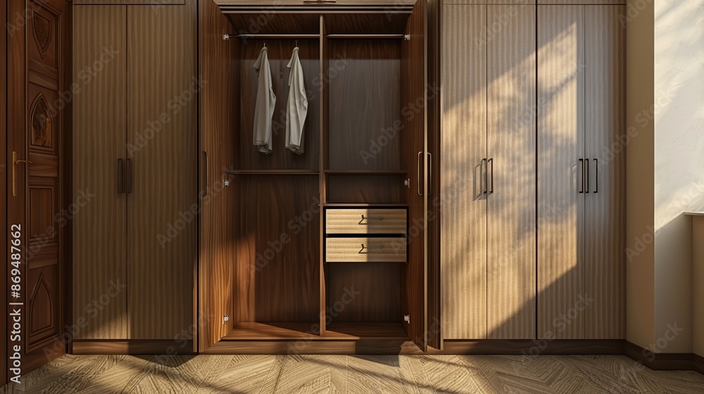 Modern Wooden Closet with Open Doors Modern Wooden Closet with Open Doors