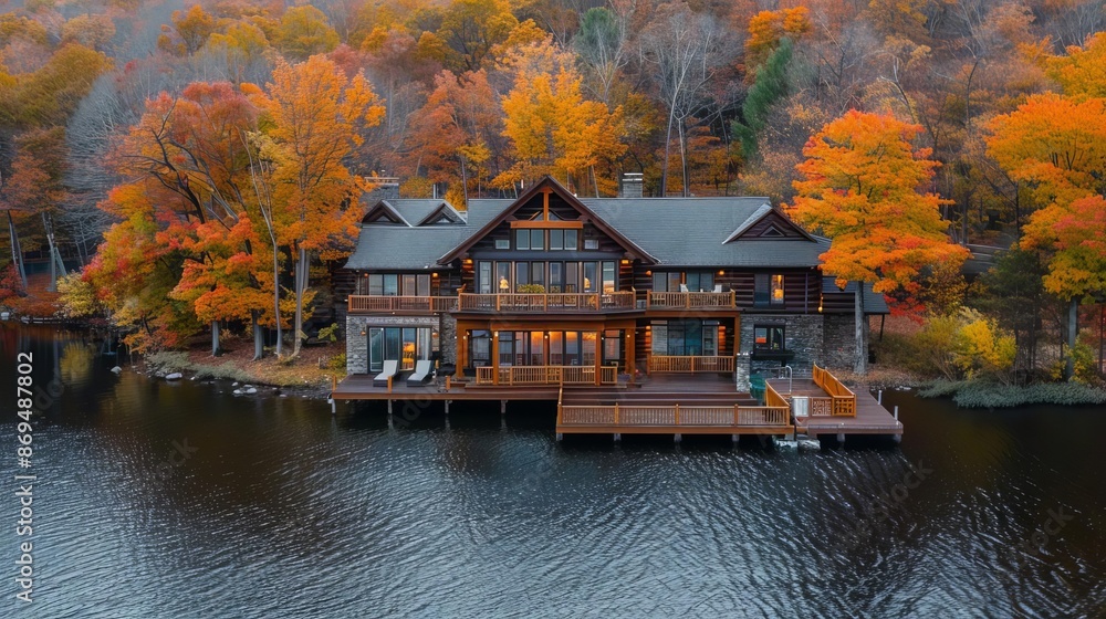 Aerial view of a luxury lake house with large deck, boat dock, and surrounding forest, autumn colors, editorial style, serene photography Aerial view of a luxury lake house with large deck, boat dock, and surrounding forest, autumn colors, editorial style, serene photography
