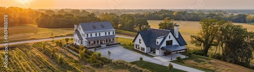 Wallpaper Mural Aerial view of a modern farmhouse with barn, open fields, and gravel driveway, morning light, editorial style, pastoral photography Torontodigital.ca