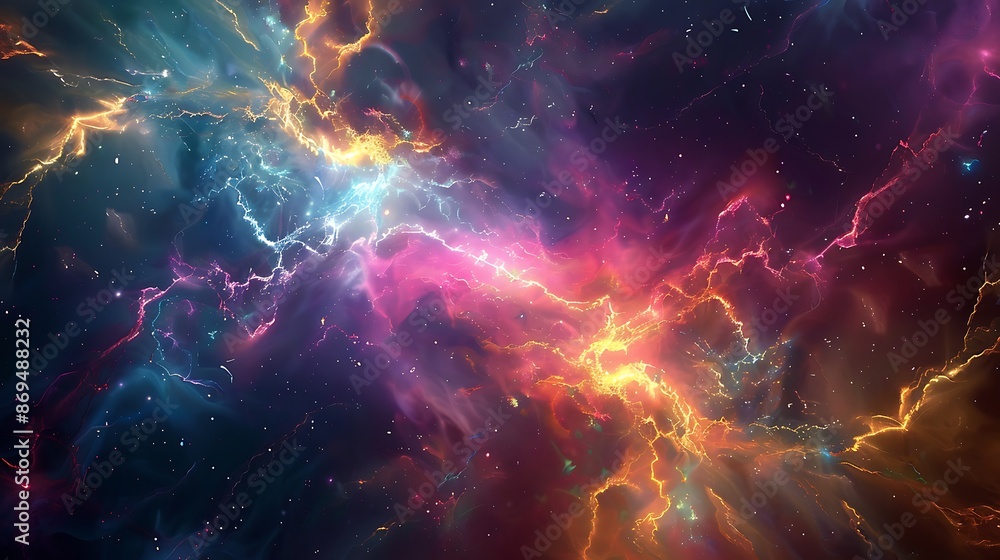 Fototapeta premium Radiant bursts of electric currents depicted through glowing lines intersecting and radiating amidst the celestial spectacle of the universe.