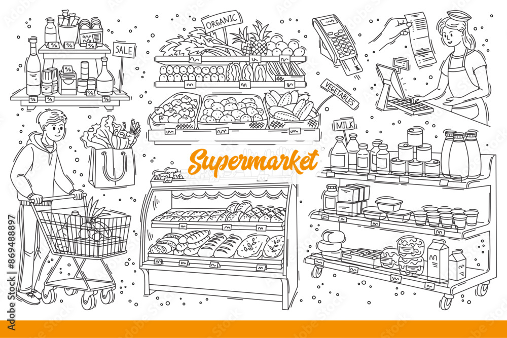 Supermarket with food and fresh vegetables or baked goods near buyer with shopping cart and seller. Grocery store shelves or supermarket showcases with product assortments. Hand drawn doodle Supermarket with food and fresh vegetables or baked goods near buyer with shopping cart and seller. Grocery store shelves or supermarket showcases with product assortments. Hand drawn doodle