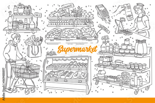 Supermarket with food and fresh vegetables or baked goods near buyer with shopping cart and seller. Grocery store shelves or supermarket showcases with product assortments. Hand drawn doodle