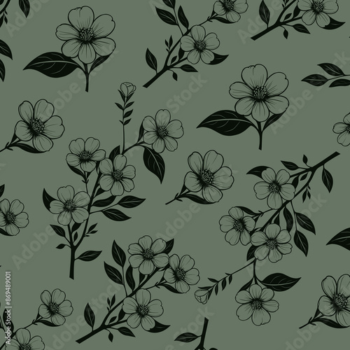 floral seamless background. vector illustration with flowers, leaves and twigs in restrained dark green tones