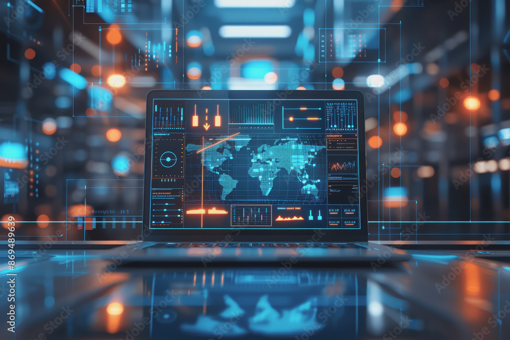 The laptop on the table shows graph analysis in modern office photography style.