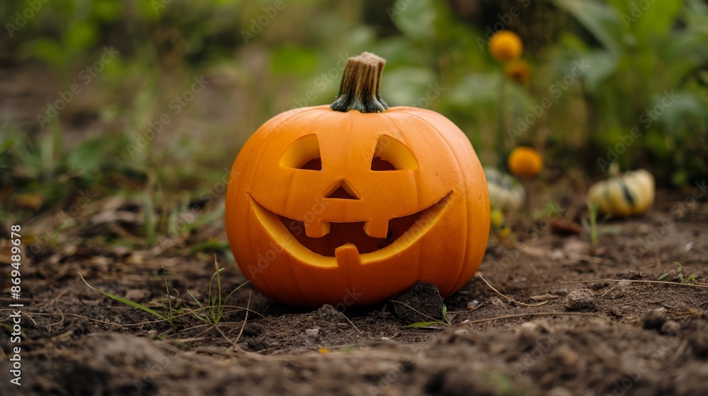 A pumpkin with a smiley face carved into it sits on the ground. The pumpkin is surrounded by other pumpkins and flowers, creating a festive and cheerful atmosphere A pumpkin with a smiley face carved into it sits on the ground. The pumpkin is surrounded by other pumpkins and flowers, creating a festive and cheerful atmosphere