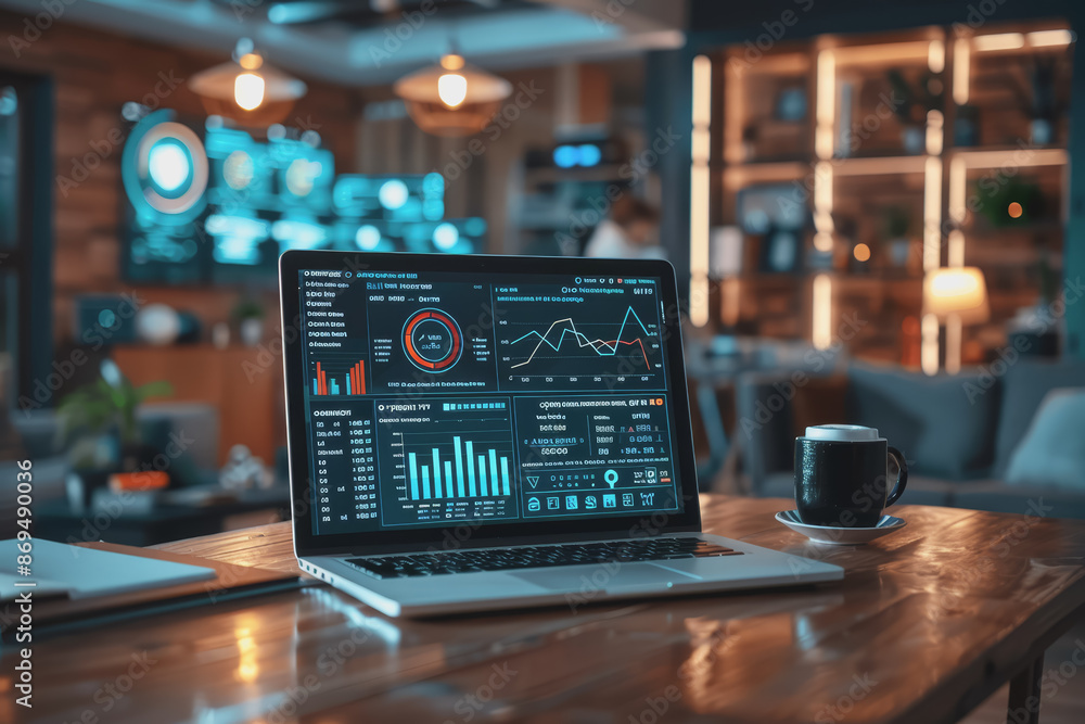 The laptop on the table shows graph analysis in modern office photography style. The laptop on the table shows graph analysis in modern office photography style.