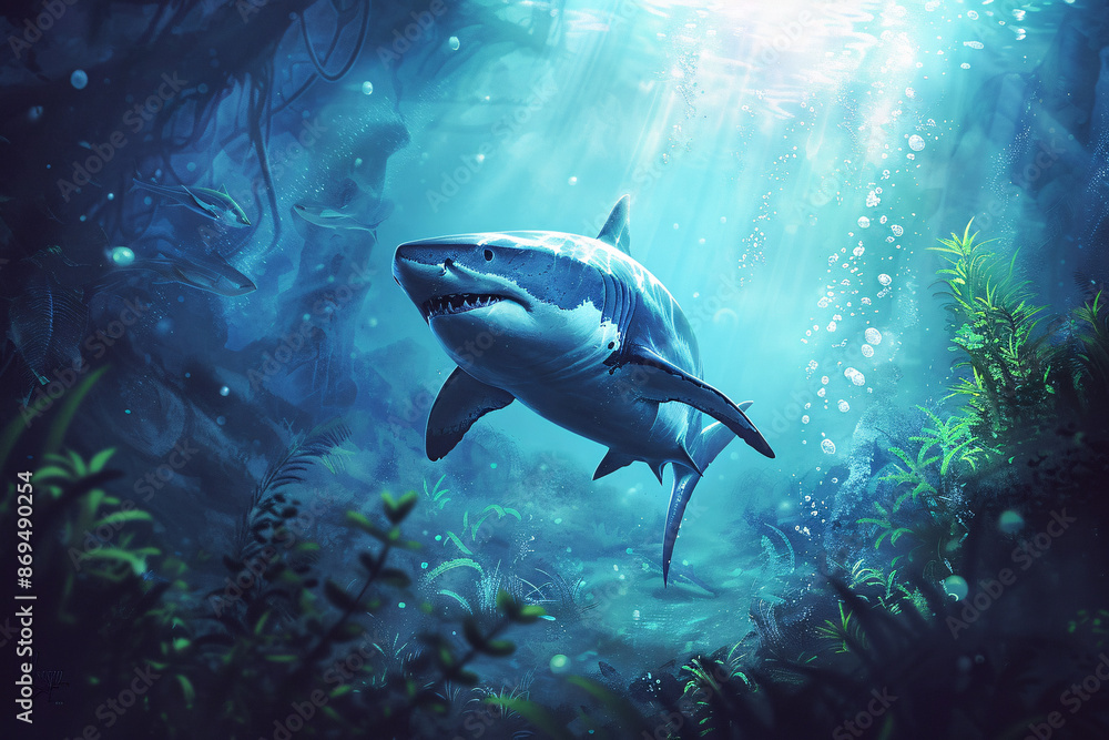 Fototapeta premium dangerous big shark under water background