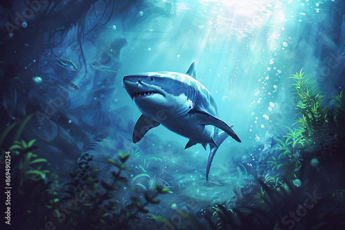 dangerous big shark under water background