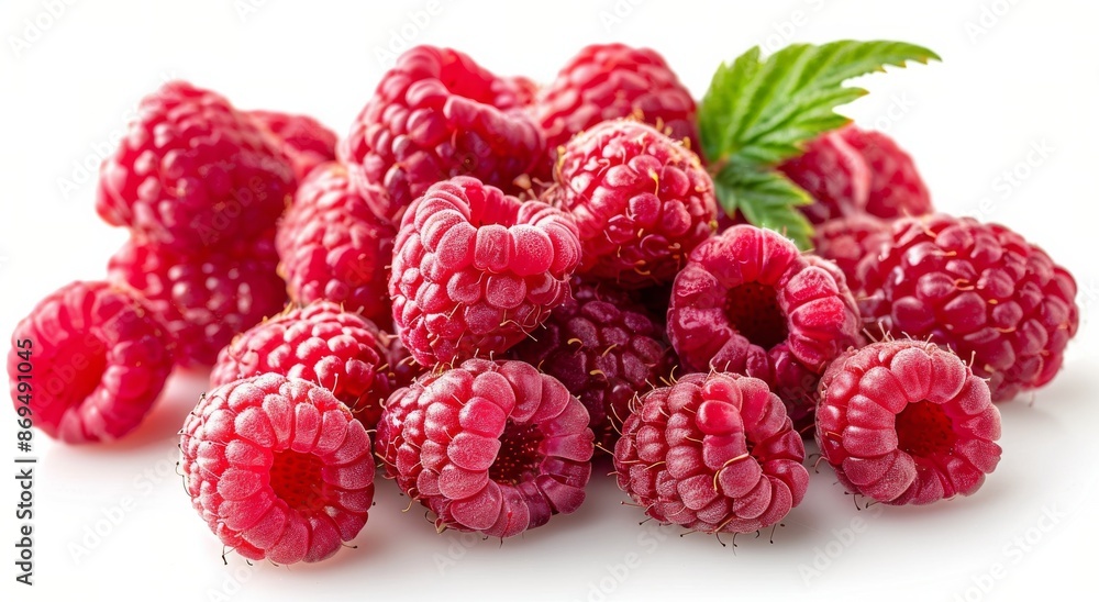 Fresh Red Raspberries With Green Leaves on a White Background Fresh Red Raspberries With Green Leaves on a White Background