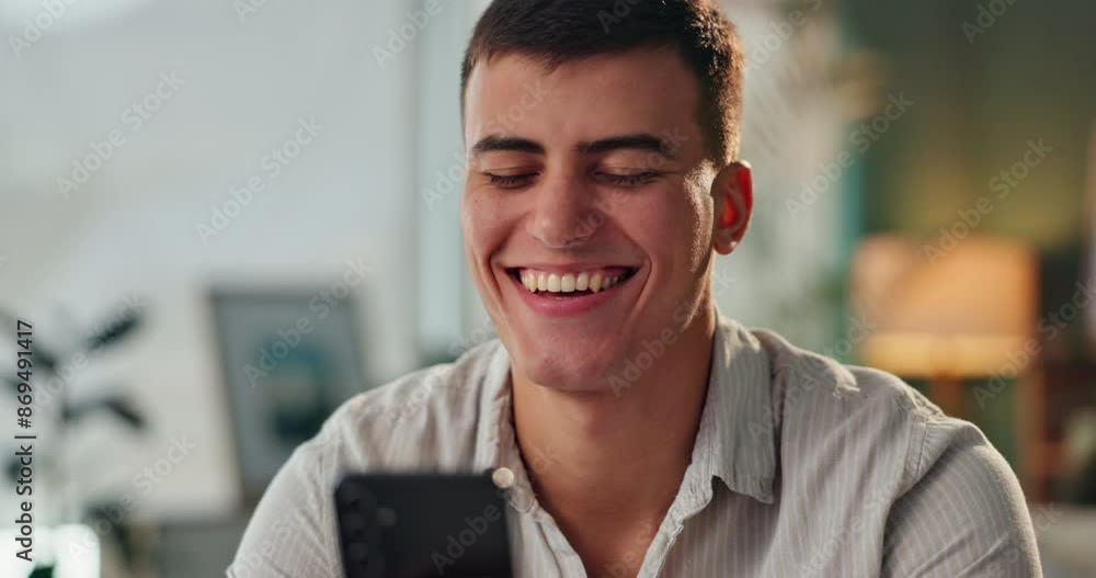 Man, phone and laughing for meme in home, relax and comic entertainment on social media app. Male person, subscription and website for funny message or streaming games, notification and online comedy Man, phone and laughing for meme in home, relax and comic entertainment on social media app. Male person, subscription and website for funny message or streaming games, notification and online comedy
