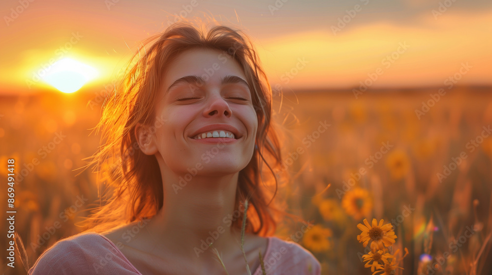 Portrait of a pretty happy free woman with closed eyes, beautiful moment life, fields at sunset Portrait of a pretty happy free woman with closed eyes, beautiful moment life, fields at sunset