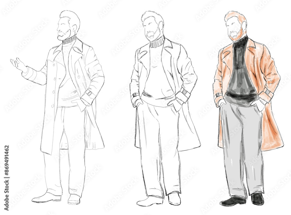 Fototapeta premium Fashion designer. Sketches of man in stylish clothes on white background