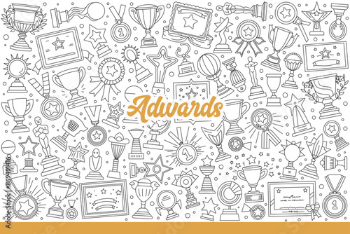 Awards and trophies of various types to reward winners or motivate achievements. Awards for tournaments in form of medals and cups or statuettes and certificates. Hand drawn doodle
